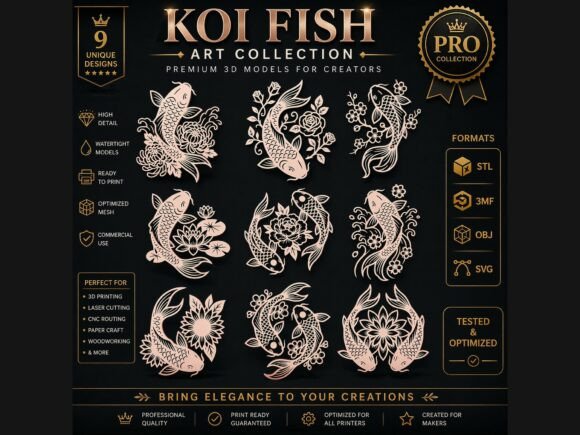 9 Koi Fish Floral Premium 3D CNC Pack