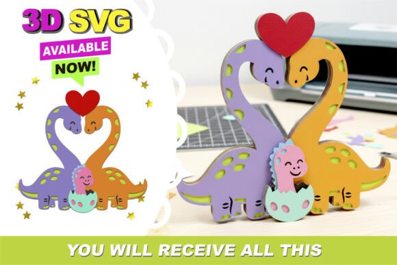 Dino Love Family 3D SVG: A Prehistoric Craft Masterpiece