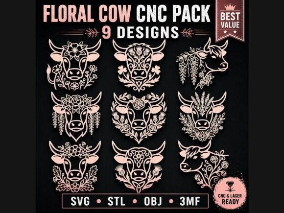 Mastering Rustic Elegance: The 9 Floral Cow CNC SVG STL Bundle Pack
